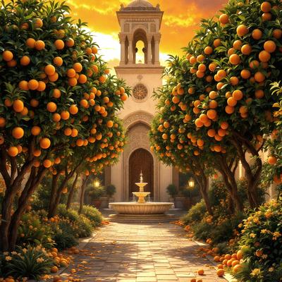 The primary subject of the image is a fountain located in the middle of a courtyard. The setting is a courtyard with a building in the background. The visual style is a digital art, creating a vibrant and lively atmosphere. The colors are predominantly orange, with the fountain being the main focal point. The mood of the image is cheerful and inviting, with the fountain serving as a central point of interest.